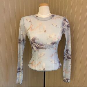 Y2K Forever 21 Baby Blue Waves Birds Floral Mesh Top Women’s Size Small